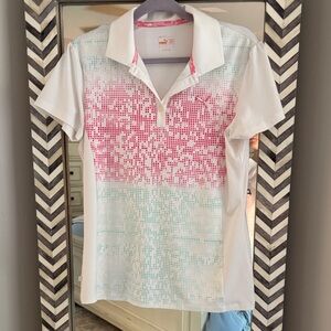 Golf Puma White Polo with Pink and Teal Pixel Gradient